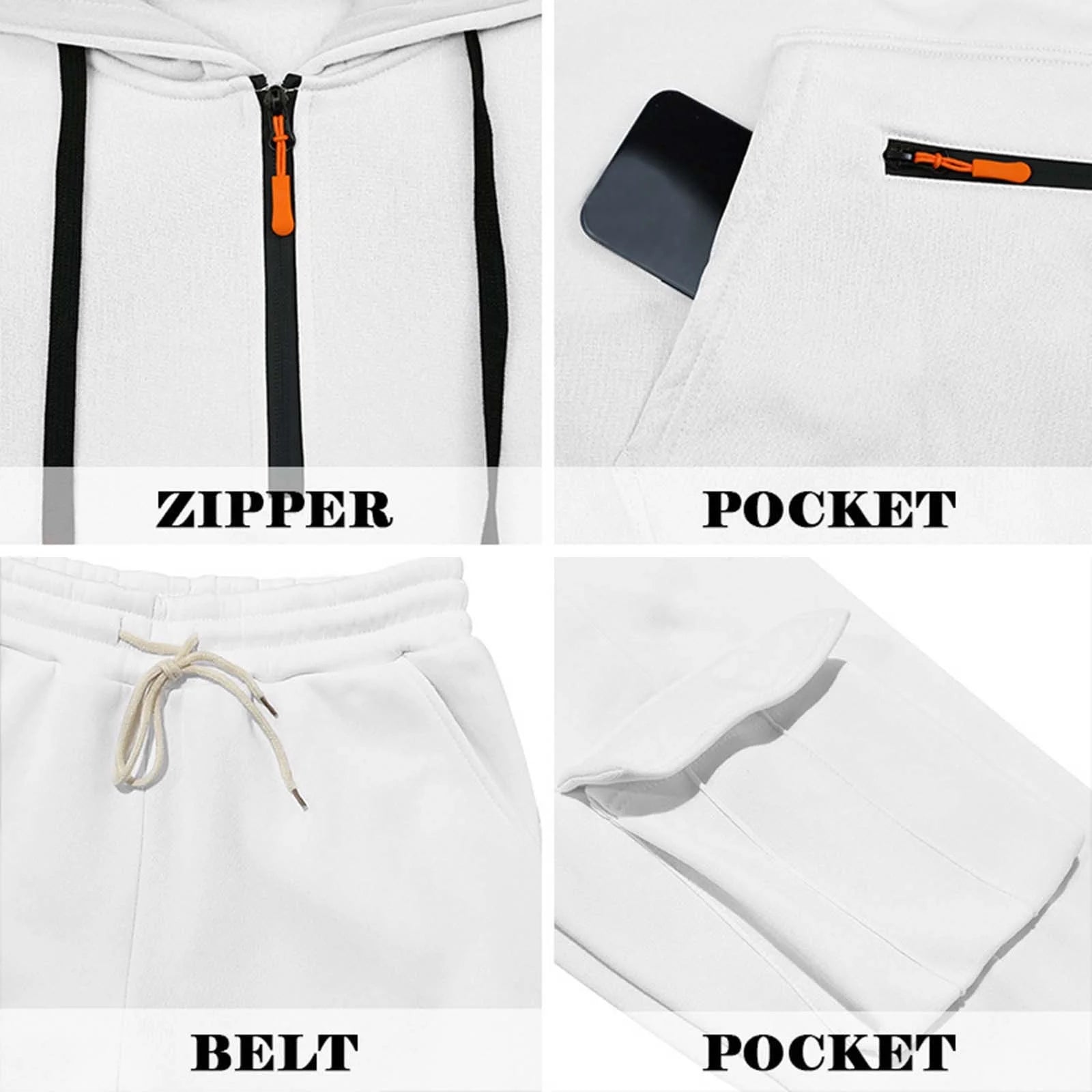 Mens Fleece Track Suits 2 Piece Set Quater Zip up Pullover Sweatshirt Sets Hooded Workout Multi Pockets Cargo Outfit White,M