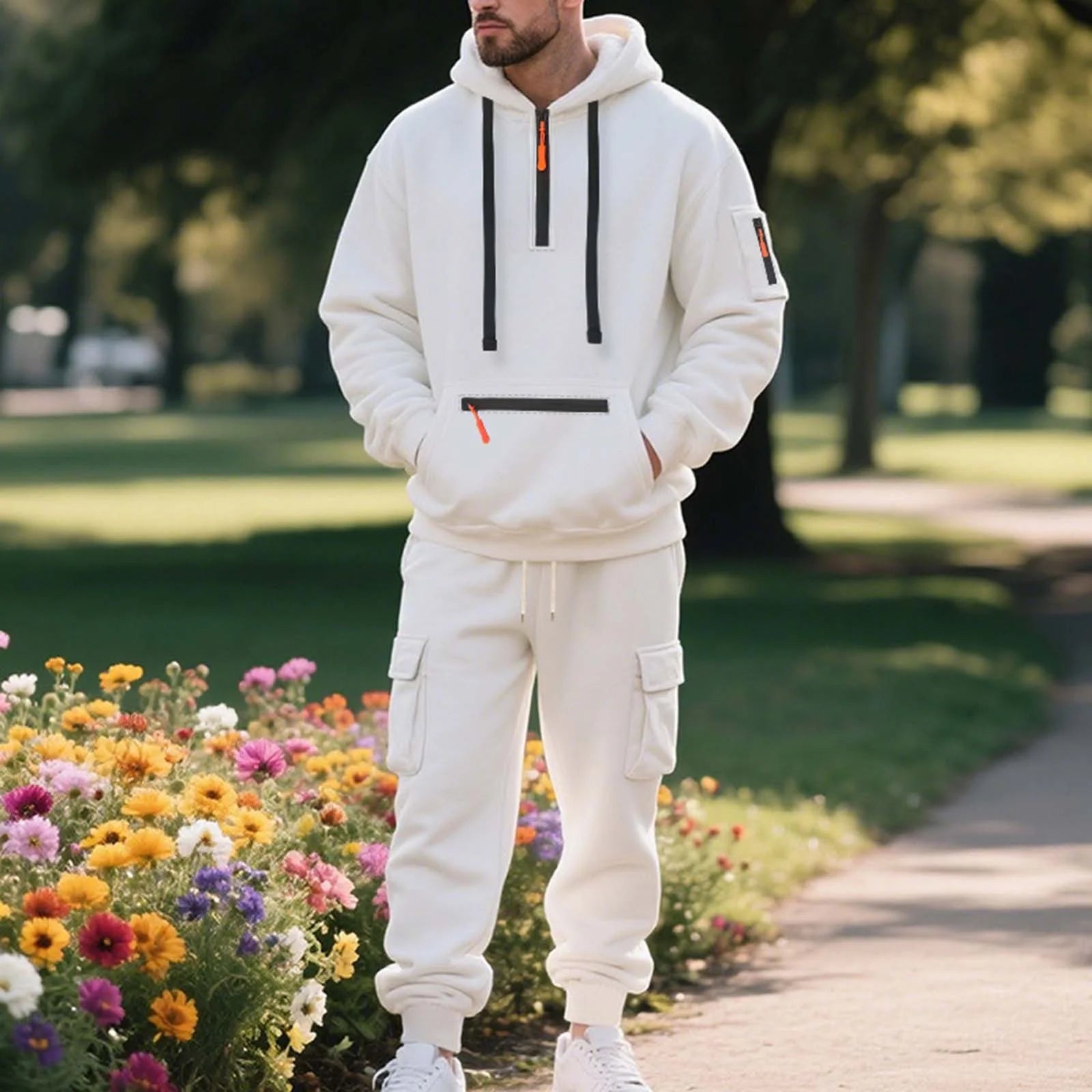 Mens Fleece Track Suits 2 Piece Set Quater Zip up Pullover Sweatshirt Sets Hooded Workout Multi Pockets Cargo Outfit White,M