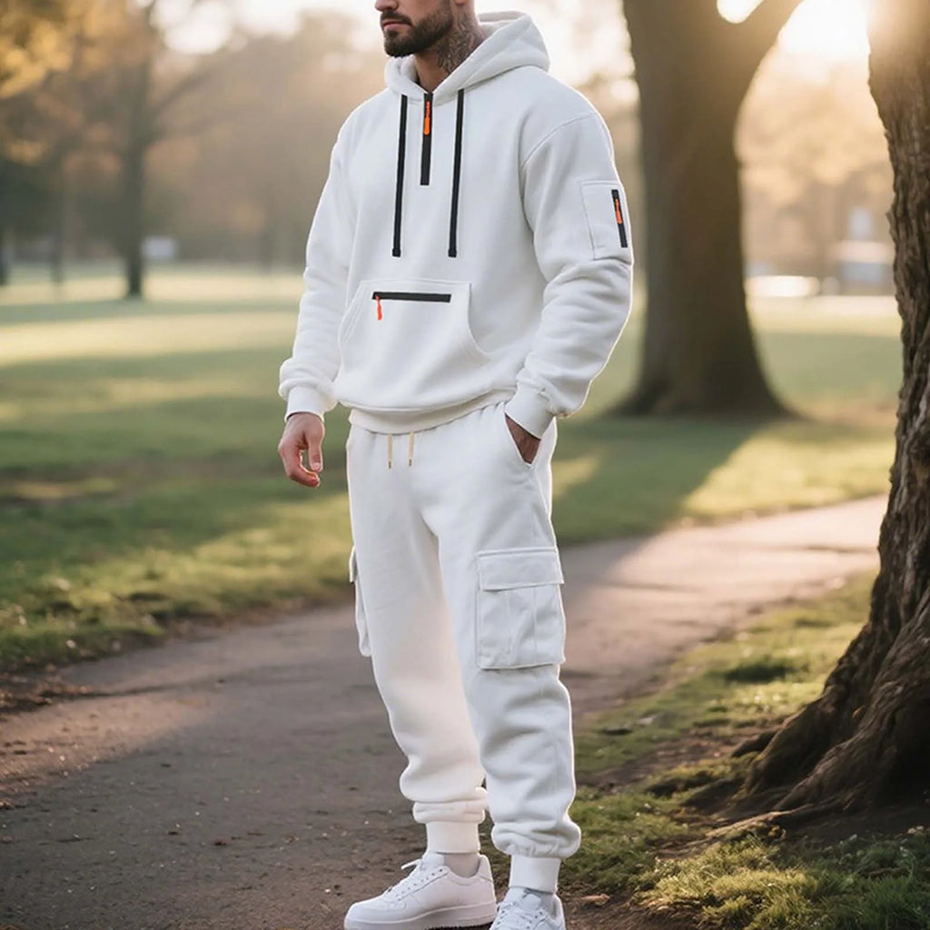 Mens Fleece Track Suits 2 Piece Set Quater Zip up Pullover Sweatshirt Sets Hooded Workout Multi Pockets Cargo Outfit White,M