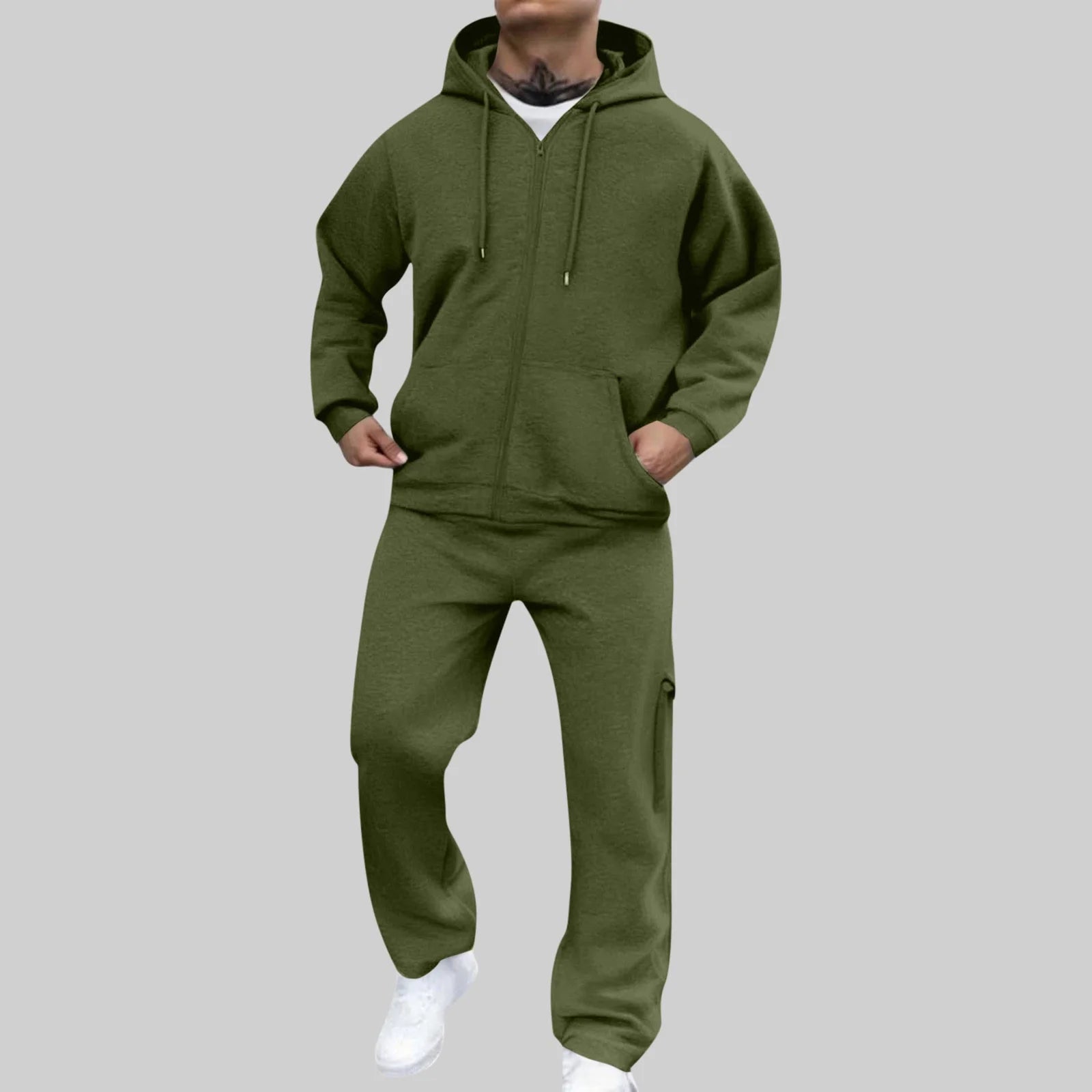 Mens Two Piece Tracksuit Full Zip Hooded Sweatshirt Sets Matching Wide Leg Cargo Pants Long Sleeve Outfit Army Green,Xxxl