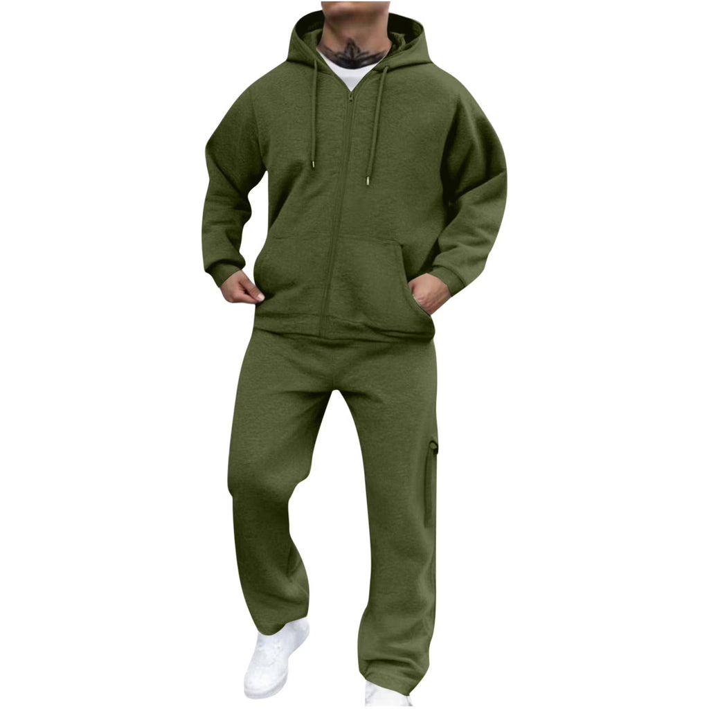 Mens Two Piece Tracksuit Full Zip Hooded Sweatshirt Sets Matching Wide Leg Cargo Pants Long Sleeve Outfit Army Green,Xxxl