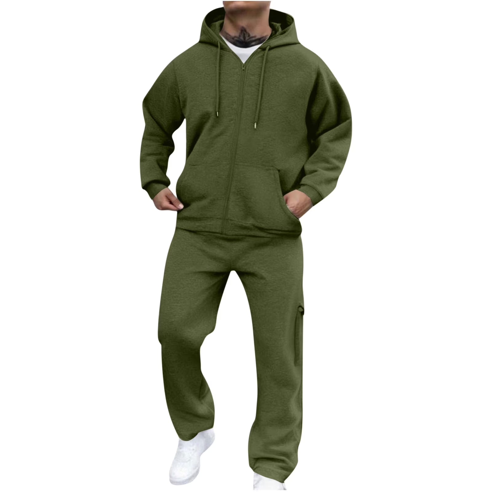 Mens Two Piece Tracksuit Full Zip Hooded Sweatshirt Sets Matching Wide Leg Cargo Pants Long Sleeve Outfit Army Green,Xxxl