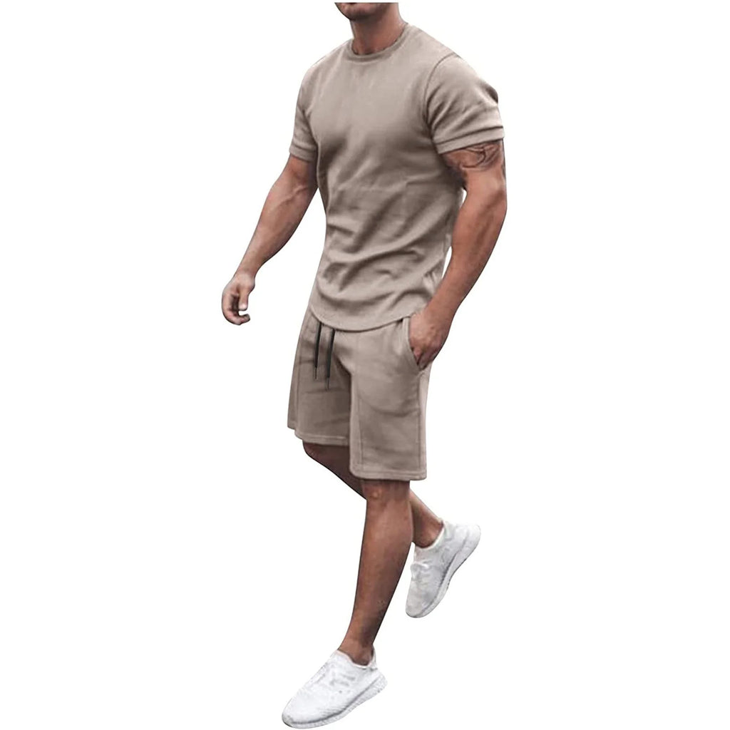 Men'S Short Sleeve T-Shirt and Shorts Set Sport Casual Crew Neck Muscle Sportswear 2 Piece Tracksuit Summer Outfits