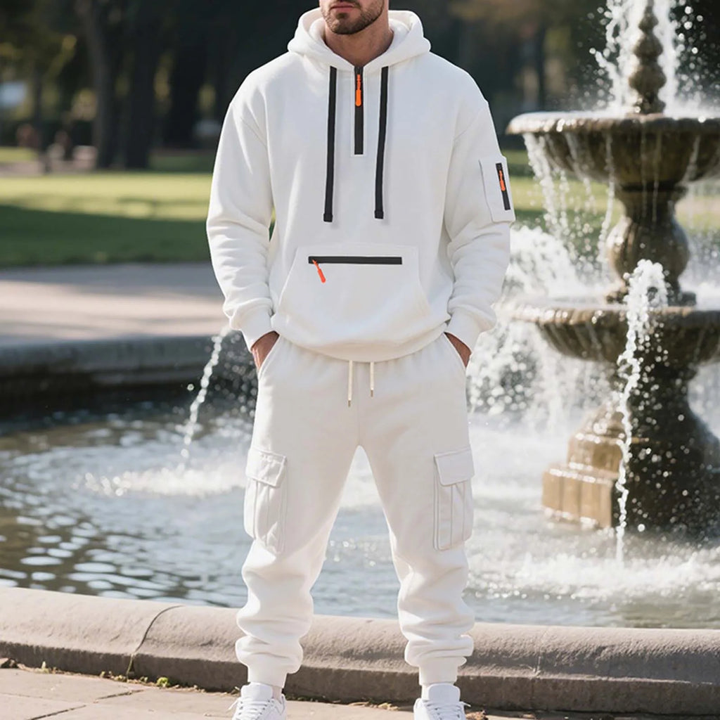 Mens Fleece Track Suits 2 Piece Set Quater Zip up Pullover Sweatshirt Sets Hooded Workout Multi Pockets Cargo Outfit White,M