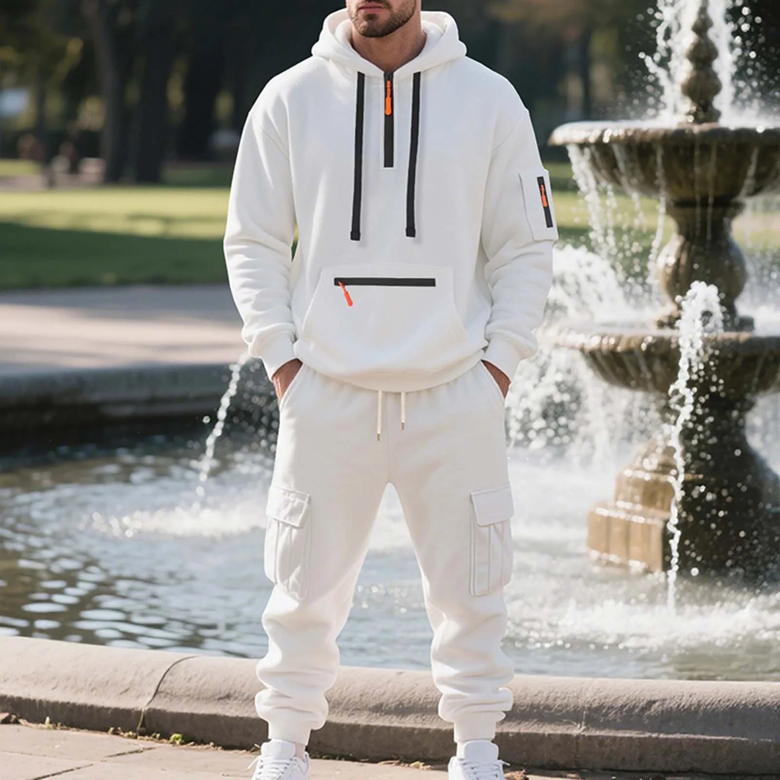 Mens Fleece Track Suits 2 Piece Set Quater Zip up Pullover Sweatshirt Sets Hooded Workout Multi Pockets Cargo Outfit White,M