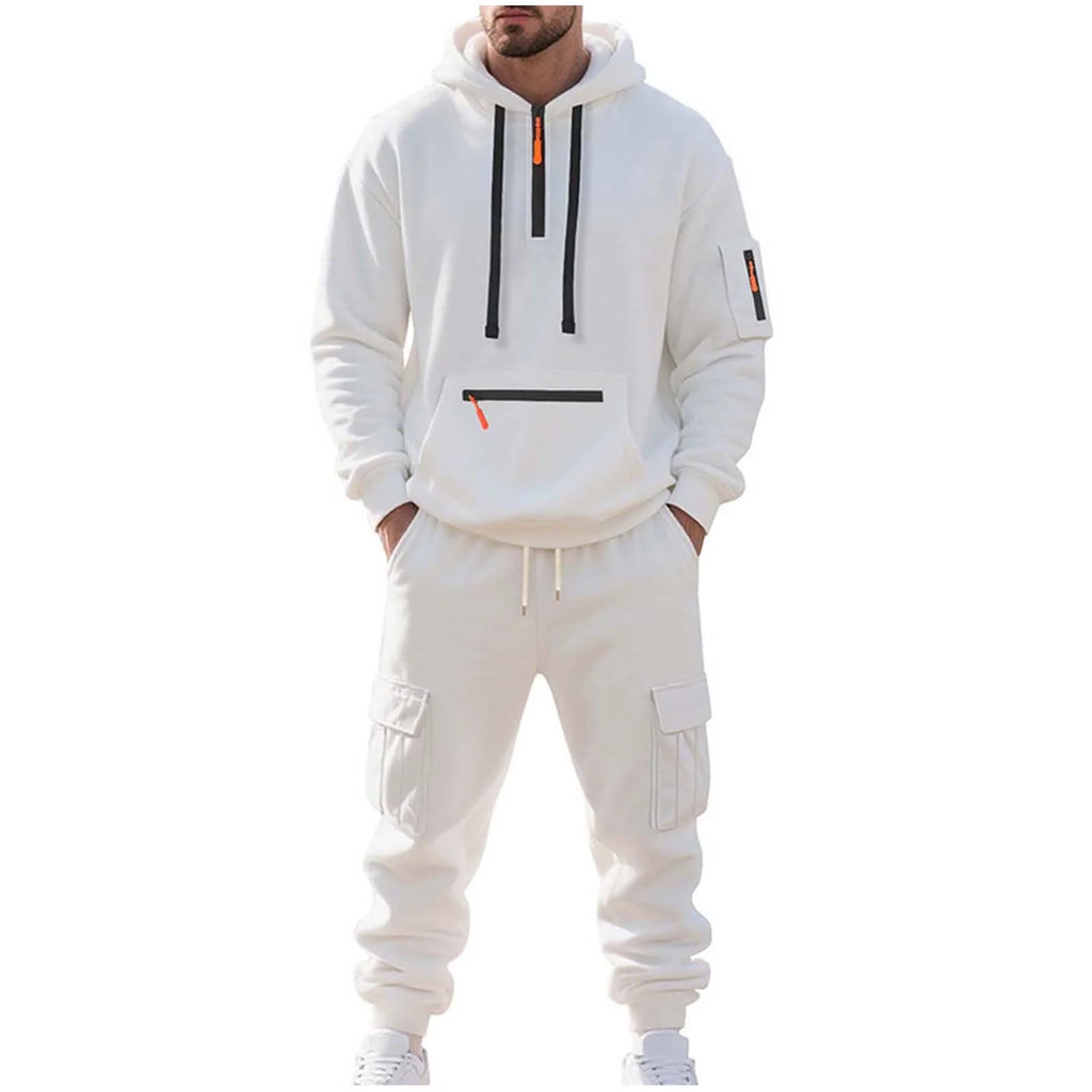 Mens Fleece Track Suits 2 Piece Set Quater Zip up Pullover Sweatshirt Sets Hooded Workout Multi Pockets Cargo Outfit White,M