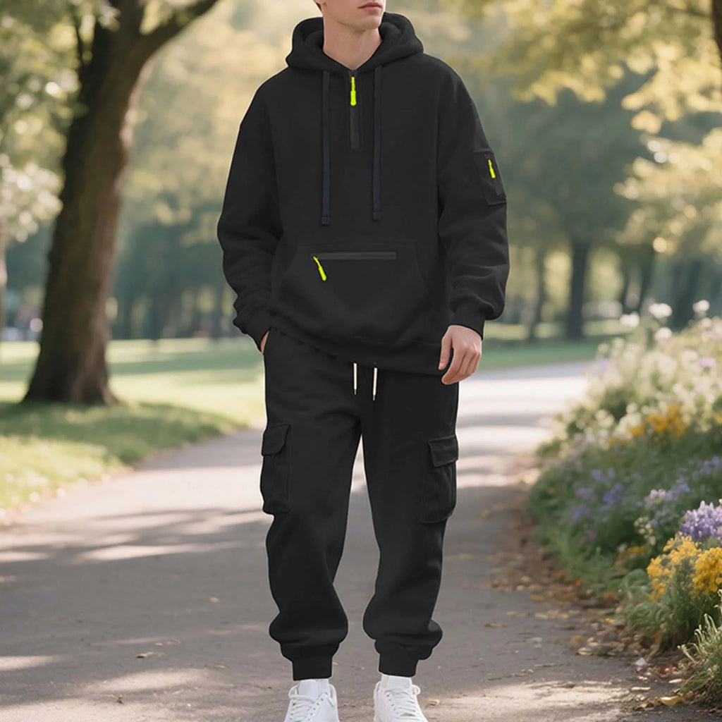 Mens Track Suits 2 Piece Set Hoodie Quater Zip up Pullover Sweatshirt Sets Casual Workout Multi Pockets Cargo Outfit Black,M