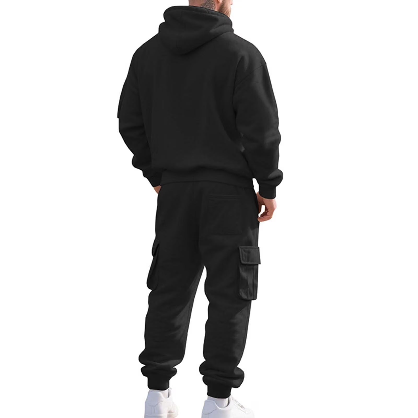 Mens Track Suits 2 Piece Set Hoodie Quater Zip up Pullover Sweatshirt Sets Casual Workout Multi Pockets Cargo Outfit Black,M