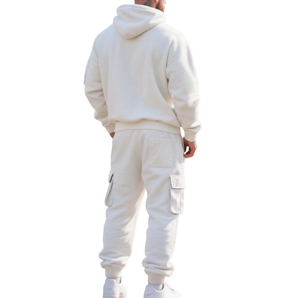 Mens Fleece Track Suits 2 Piece Set Quater Zip up Pullover Sweatshirt Sets Hooded Workout Multi Pockets Cargo Outfit White,M