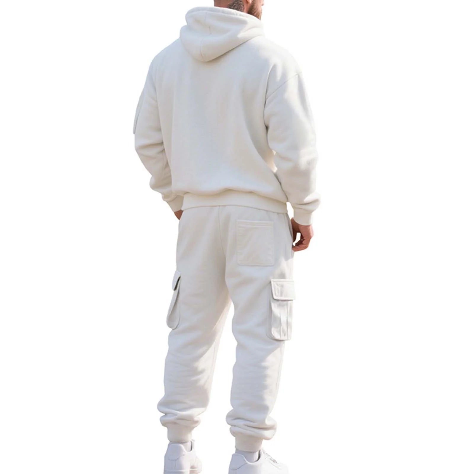 Mens Fleece Track Suits 2 Piece Set Quater Zip up Pullover Sweatshirt Sets Hooded Workout Multi Pockets Cargo Outfit White,M