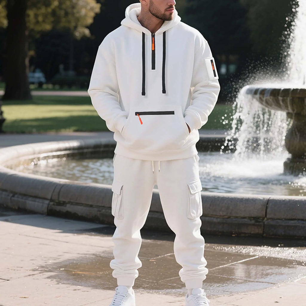 Mens Fleece Track Suits 2 Piece Set Quater Zip up Pullover Sweatshirt Sets Hooded Workout Multi Pockets Cargo Outfit White,M