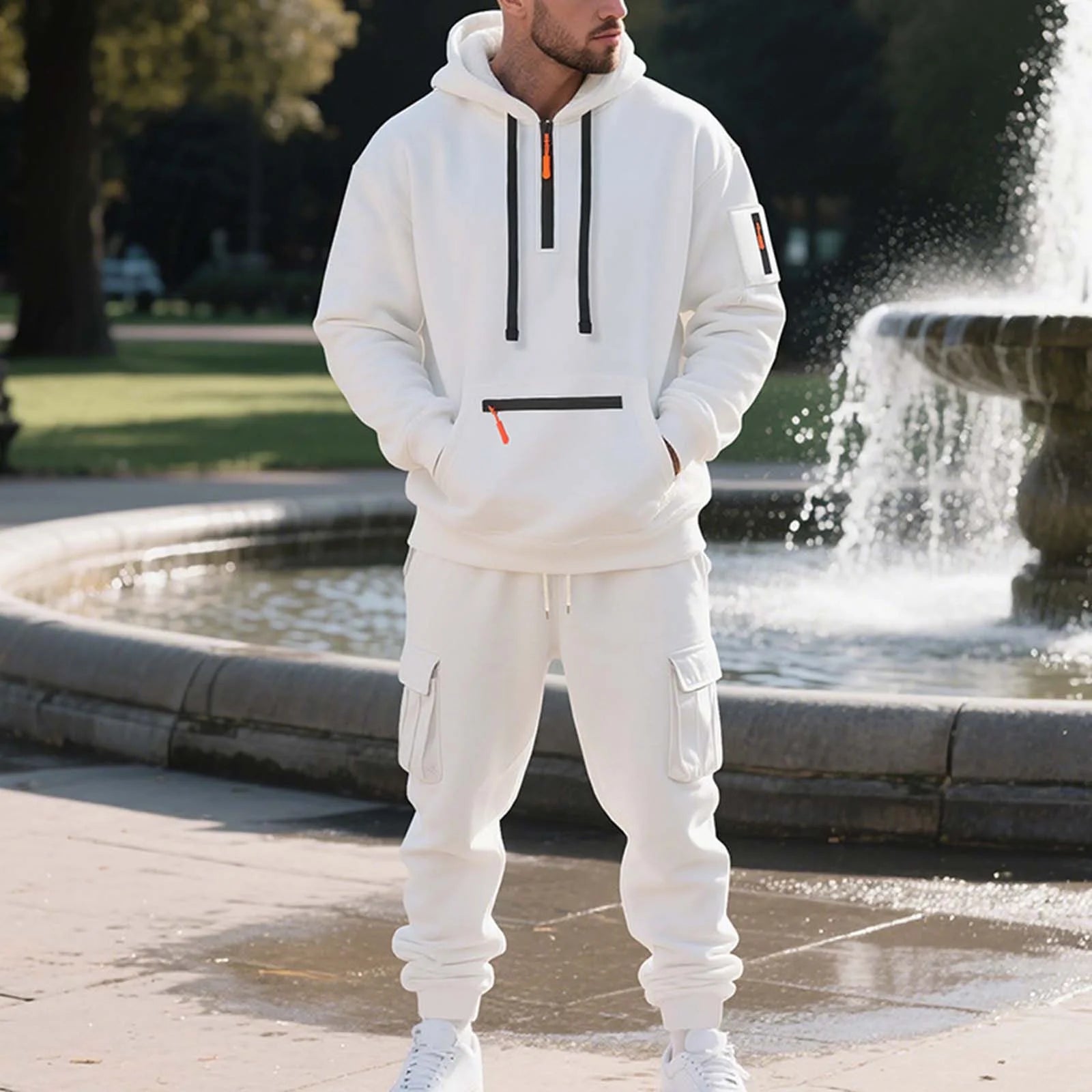 Mens Fleece Track Suits 2 Piece Set Quater Zip up Pullover Sweatshirt Sets Hooded Workout Multi Pockets Cargo Outfit White,M