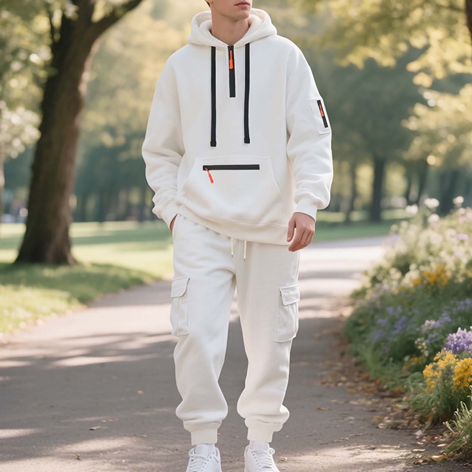 Mens Fleece Track Suits 2 Piece Set Quater Zip up Pullover Sweatshirt Sets Hooded Workout Multi Pockets Cargo Outfit White,M