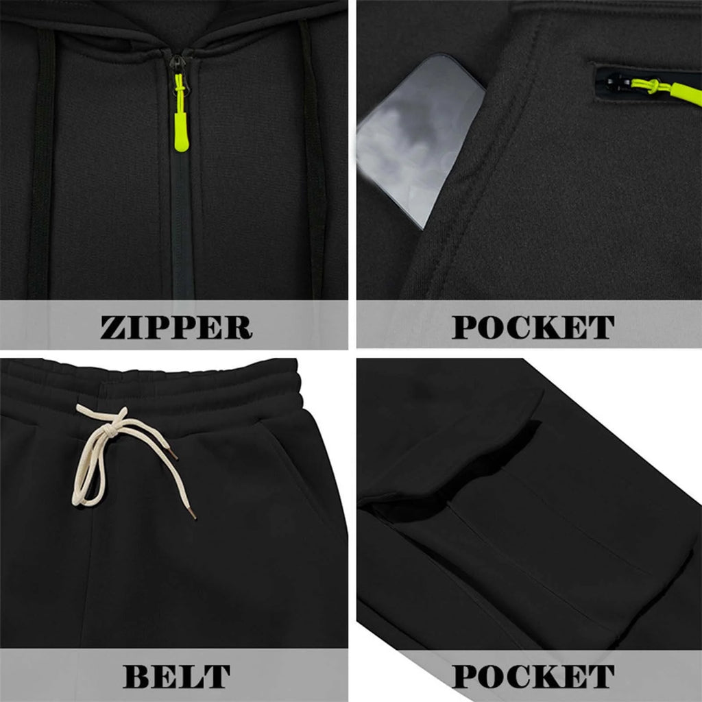 Mens Track Suits 2 Piece Set Hoodie Quater Zip up Pullover Sweatshirt Sets Casual Workout Multi Pockets Cargo Outfit Black,M