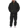 Mens Track Suits 2 Piece Set Hoodie Quater Zip up Pullover Sweatshirt Sets Casual Workout Multi Pockets Cargo Outfit Black,M