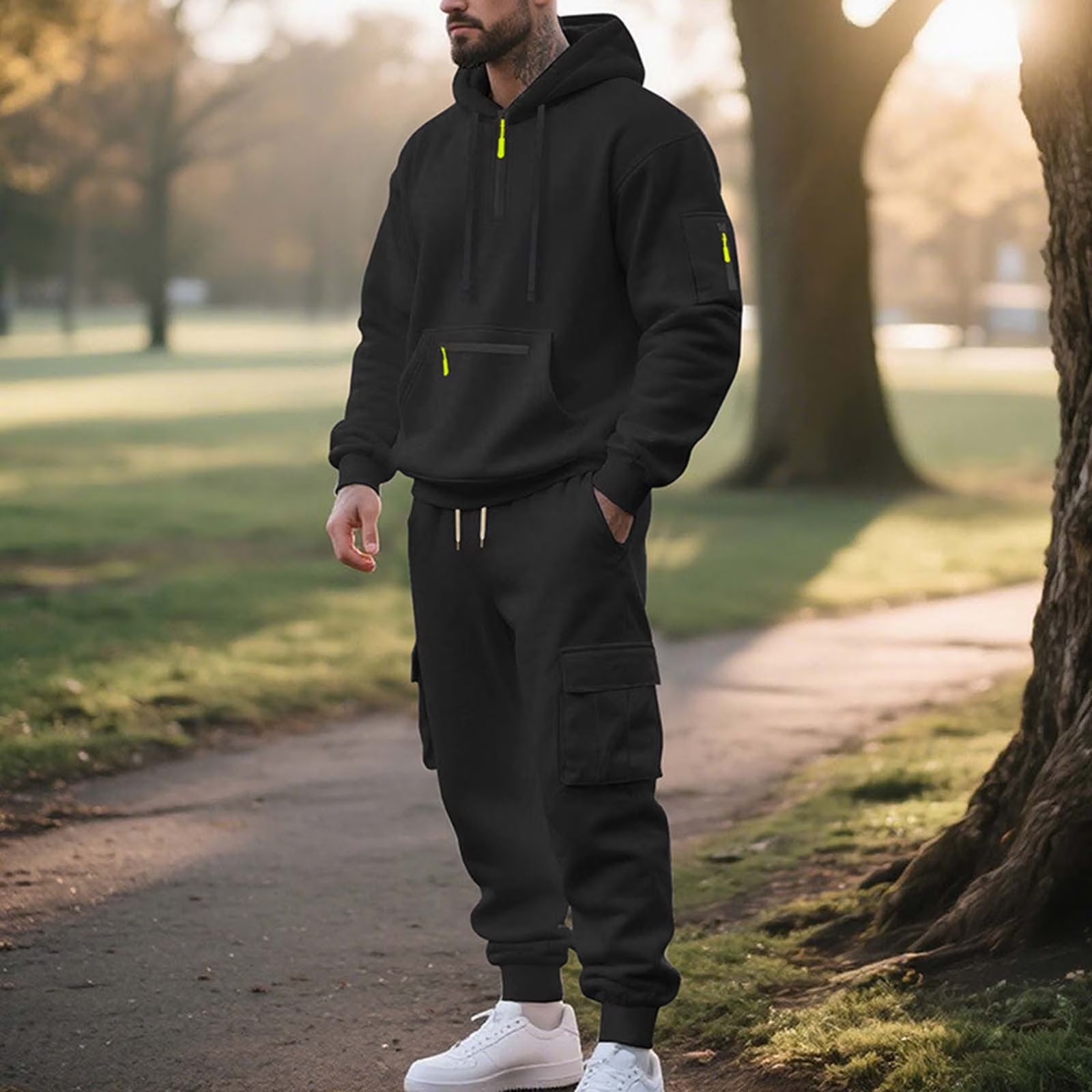 Mens Track Suits 2 Piece Set Hoodie Quater Zip up Pullover Sweatshirt Sets Casual Workout Multi Pockets Cargo Outfit Black,M