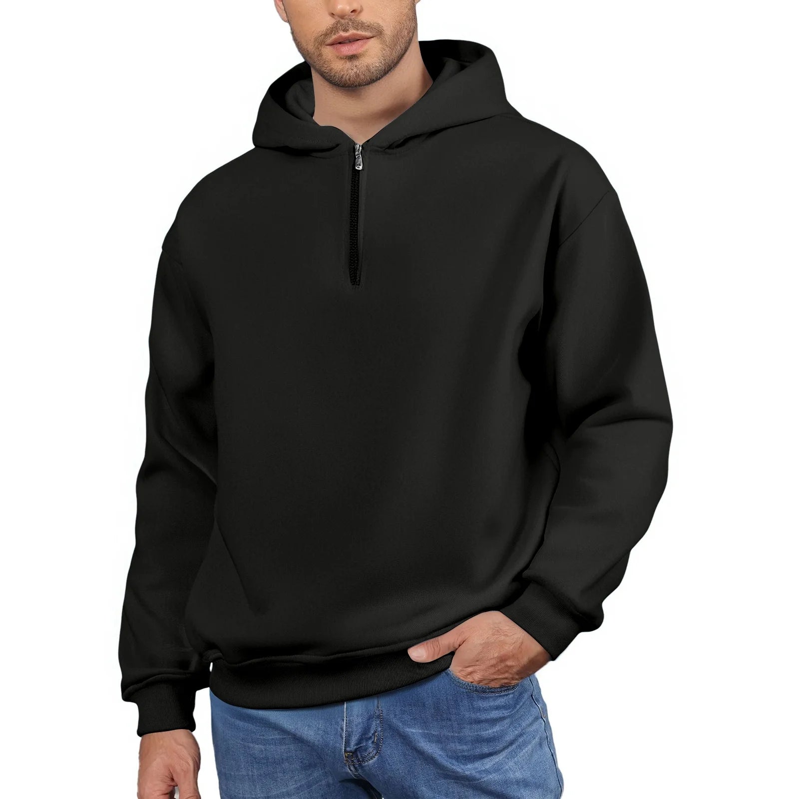 Men'S Quarter Zip Hoodies Zip up Solid Color Hoodie Long Sleeve Drop Shoulder Sweatshirt Casual Pullover Black 3XL